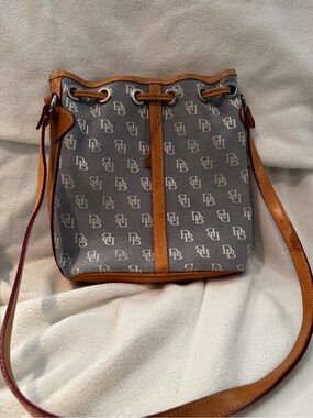 Bucket style Dooney & Bourke Gray Monogram Drawstring Bucket Bag with Tan Trim